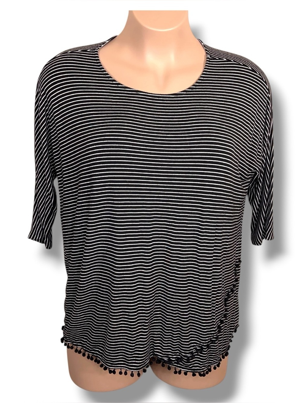 1x Isela Black White Striped Top Pom Pom Accent Goth Preppy Stretch Casual